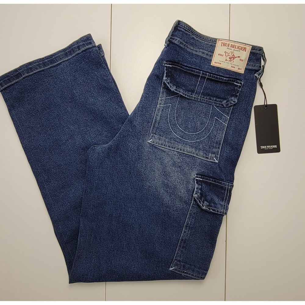 True Religion Womens Jeans Denim Cargo Straight Medium Blaze Wash Size 30x32 NWT